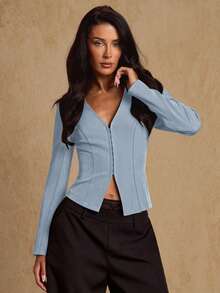 Glamine Elegant Minimalist Military Green Shirt Collar Open Front Button Down Long Sleeve Jacket For Women, Spring/Autumn Women Blouses Elegant Baby Blue Top Women Light Blue Top Business Casual Woman Top Sexy Blouses - Blue - View 3