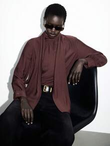 Lumivelle Women's Autumn Loose Fit Tie Collar Blouse - Maroon - View 1