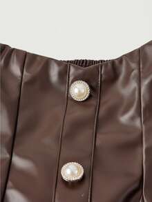 SHEIN MOD 棕色 PU 超高腰复古宫廷风格喇叭裙，配仿珍珠纽扣 - 适合各种场合：学院风、约会、派对、节日、茶会、生日 - 摩卡棕 - 查看 4