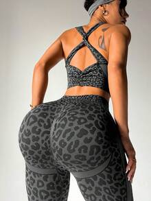 Slayform 1 Set Women Leopard Print Twist V-Neck Tank Top And Leggings Yoga Workout Running Sports Suit - Black - View 5