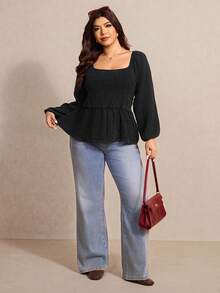 Elaquor Áo sơ mi dài tay họa tiết chắp vá màu đen cổ điển thường ngày cỡ lớn dành cho nữ - màu đen - Xem 5