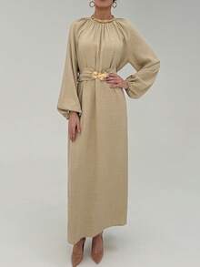 Aloruh Minimalist Apricot Textured Office Dress With Gathered Waist And Extra Long A-Line Hem, Commuter Friendly - Apricot - View 5