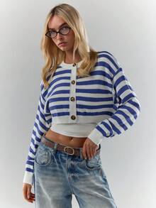 Glamine Women's Blue White Stripe Button-Up Knitted Long Sleeve Knit Top,Autumn Casual Back-To-School Cropped Nautical Sailor Preppy 70s Tops For School - Multicolor - View 3