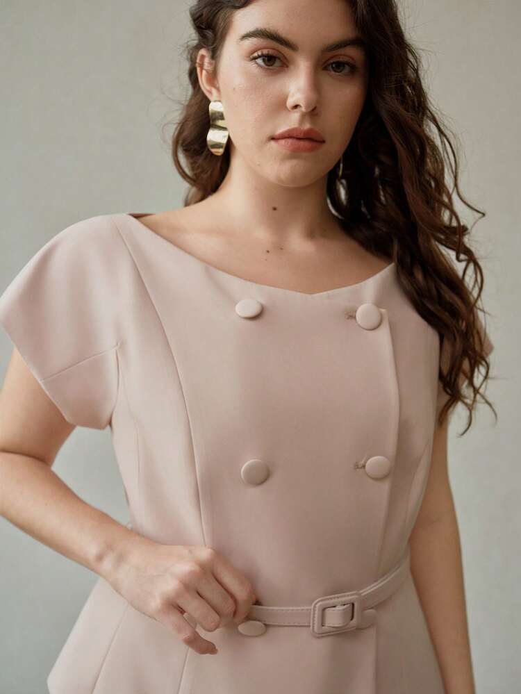 PLUS SIZE SPRING DOUBLE-BREASTED BELTED CAP SLEEVE BLOUSE