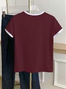 Resyla Áo thun cổ tròn in nơ tương phản dành cho nữ, mùa hè - Màu Đỏ Sâu - Xem 2