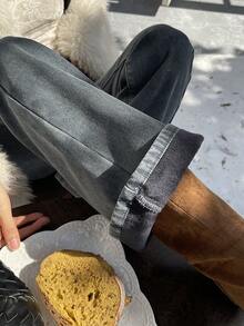 DAZY 女士喇叭形保暖内衬牛仔裤，秋冬季 Y2K 款式 - 藍色 - 查看 2