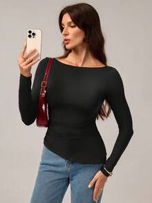 SHEIN Tall Women's Lace Patchwork Bow Back Slim Fit Long Sleeve Off Shoulder Black Sexy Top Lace Top See Through Top Long Sleeve Top Women Top,Boho Women Clothing,Black Lace Top,Y2k Clothes Women,Fall Clothes,Back To School Clothes,Going Out Tops,Black Top - Black - View 7