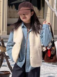 DAZY Tween Girls Crew Neck Fleece Vest Jacket - Beige - View 6