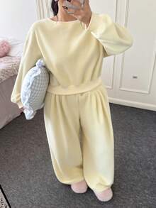 SHEIN EZwear 大码舒适两件套，保暖内衬，芥末黄，秋冬款 - 淡黃色 - 查看 5