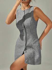 SHEIN PETITE 女士时尚通勤千鸟格前扣无袖迷你连衣裙 - 黑與白 - 查看 2