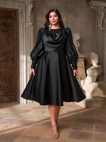 Aureia Plus Size Elegant Romantic Black Ruffle Collar Puff Sleeve A-Line Dress, Suitable For Wedding, Party, Celebration, Formal Evening Gown