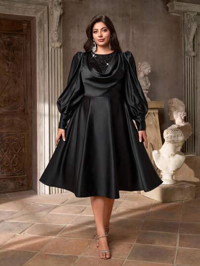 Aureia Plus Size Elegant Romantic Black Ruffle Collar Puff Sleeve A-Line Dress, Suitable For Wedding, Party, Celebration, Formal Evening Gown