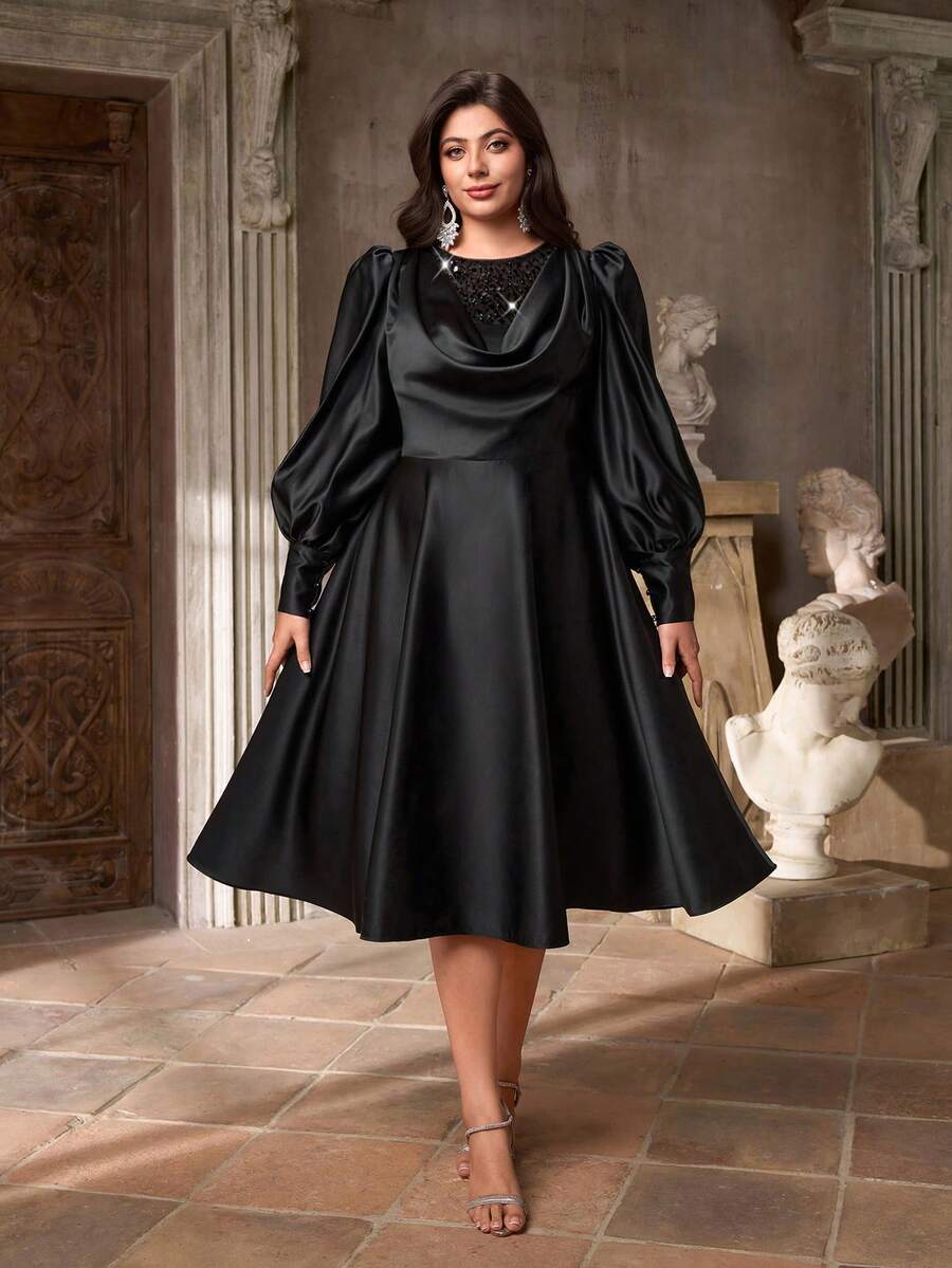 Aureia Plus Size Elegant Romantic Black Ruffle Collar Puff Sleeve A-Line Dress, Suitable For Wedding, Party, Celebration, Formal Evening Gown