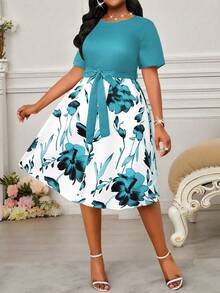 SHEIN Lady 春夏优雅通勤办公休闲波西米亚风针织圆领喇叭腰带中长短袖大码连衣裙，适合各种身材，夏季女装，夏季连衣裙，女士办公装，度假连衣裙，夏季女装 - 水鴨藍 - 查看 3