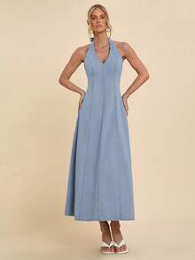 COSMINA Denim 女士V领A字牛仔连衣裙，优雅休闲连衣裙，适合工作、日常穿着、机场穿搭，露背牛仔连衣裙 - 藍色 - 查看 4