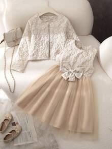 2 件套青少年女孩服装，包括提花编织圆领无袖背心、网眼蝴蝶结连衣裙和长袖开衫，适合秋季上学的百搭休闲装 - 卡其色 - 查看 4