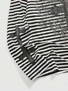 ROMWE MEN Street Life 男士休闲十字印花条纹圆领长袖T恤，秋季款 - 黑與白 - 查看 4