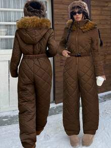 Muchica White Fuzzy Hat & Thick Jumpsuit For Women, Suitable For Playing In Snow In Autumn/Winter