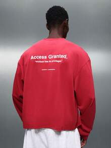 PLAYBOY X SUMWON Men's Boxy Fit Long Sleeve Crew Neck T-Shirt With Access Granted Print Collaboration Statement Top - Red - View 6