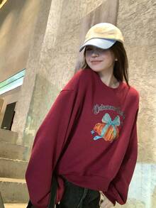 DAZY Women's Letter & Bow Print Crew Neck Long Sleeve Pullover Sweatshirt - Burgundy - View 4