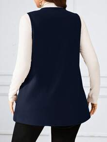 Miaspire Plus Size Solid Color Sleeveless Loose Pocket Simple Casual Jacket,Spring/Summer,Summer Clothes,Vacation Outfits Woman / Vacation In Fall/Winter - Navy Blue - View 2