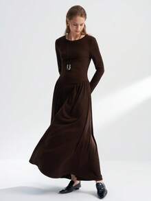INAWLY Women's Casual Solid Color Flared Knit Dress, Autumn - Coffee - View 1
