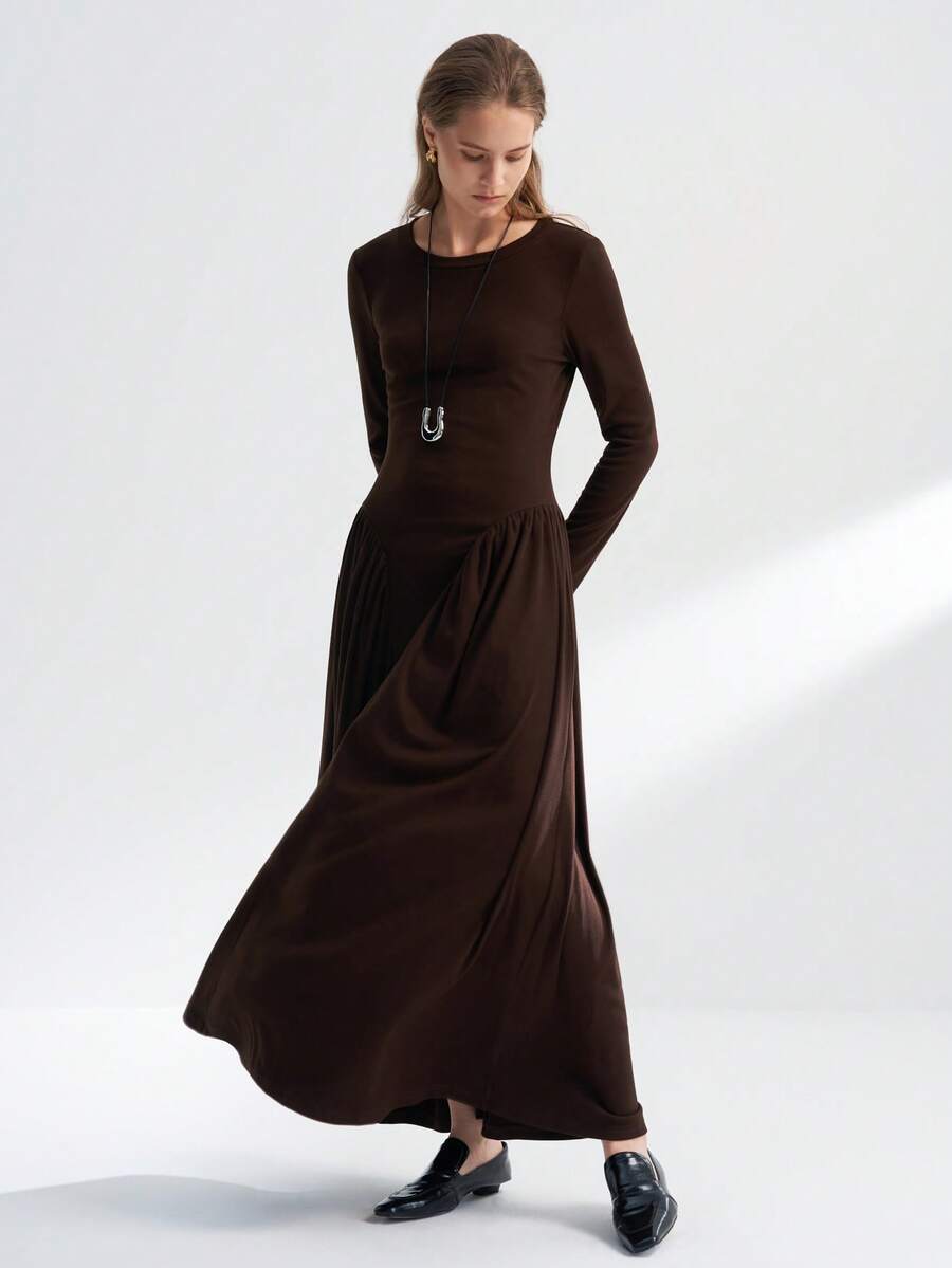 INAWLY Women's Casual Solid Color Flared Knit Dress, Autumn - Coffee - View 1