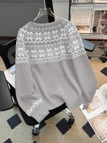 Franclia Women's Casual Fair Isle Pattern Crew Neck Christmas Sweater, Autumn/Winter Winter Sweaters Gray Sweater Knitted Sweater Women Sweater Cute Sweater