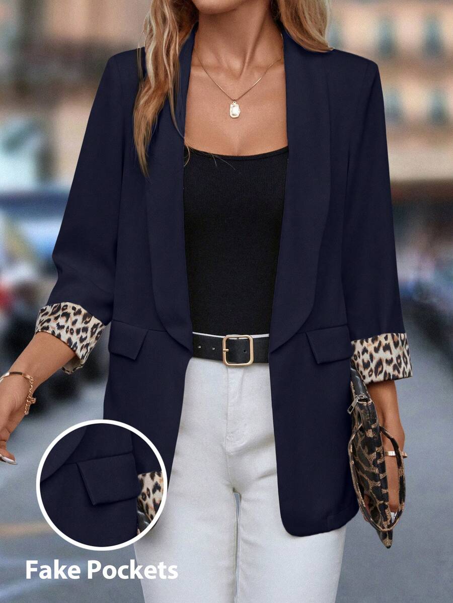 SHEIN Clasi Leopard Print Shawl Collar Open Front Blazer In Fall/Winter - Blue - View 1