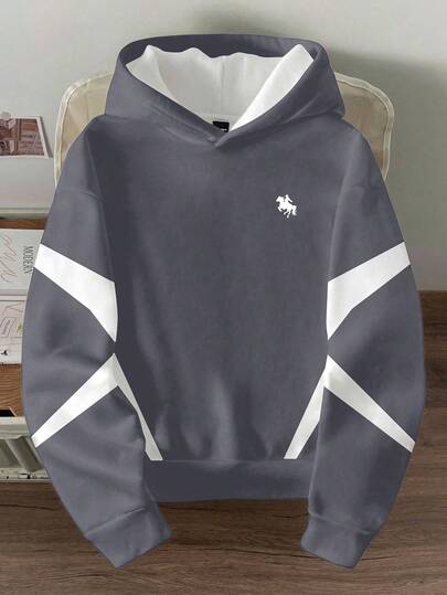 Manfinity Joysei Men's Contrast Color Drop Shoulder Long Sleeve Casual Fashionable Hoodie Sweatshirt, Ribbed Hem