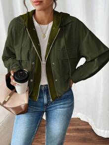 SHEIN Frenchy 女式拼接二合一灯芯绒连帽夹克秋冬女装 - 軍綠色 - 查看 5