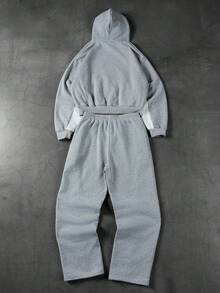 PAVTROS 男士字母刺绣口袋连帽衫和抽绳腰带运动裤套装 - 灰色 - 查看 2