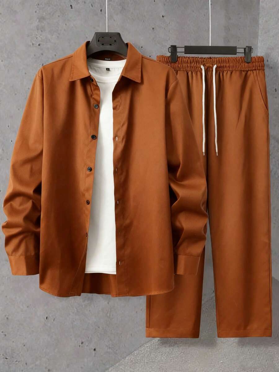 Manfinity Homme 男士纯色翻领单排扣长袖衬衫搭配抽绳腰带口袋长裤套装,休闲两件套,男士两件套西装,长袖男士两件套,男士两件套服装,棕色复古风格,适合日常休闲、周末旅行、户外活动、探险旅行、轻松的工作环境或半正式场合,可作为男友/丈夫礼物、周年纪念/生日礼物、派对礼物、圣诞节礼物、新年礼物、婚礼礼物。 - 棕色 - 查看 1