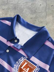 AXEPEAK Áo thun polo tay dài in chữ kẻ sọc thường ngày cỡ lớn dành cho nam, mùa thu - Màu xanh lam - Xem 4