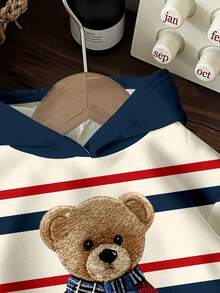 SHEIN 男童休闲宽松时尚经典保暖舒适可爱小熊图案长袖卫衣，经典条纹、学院风、卡通设计，适合秋冬季穿着。 - 彩色 - 查看 4