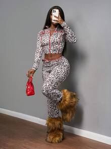 Slaydiva 2025 Autumn And Winter New Style Music Festival Holiday Western Style Nomadic Style Birthday Party Graduation Season Student Wear Daily Street Basic Versatile Casual Letter Print Zipper Neck Tight Long Sleeve Pull Sports Yoga Leopard Print Jacket And Leggings Women's Two-Pieces Set Back To School, Graduation - Multicolor - View 2