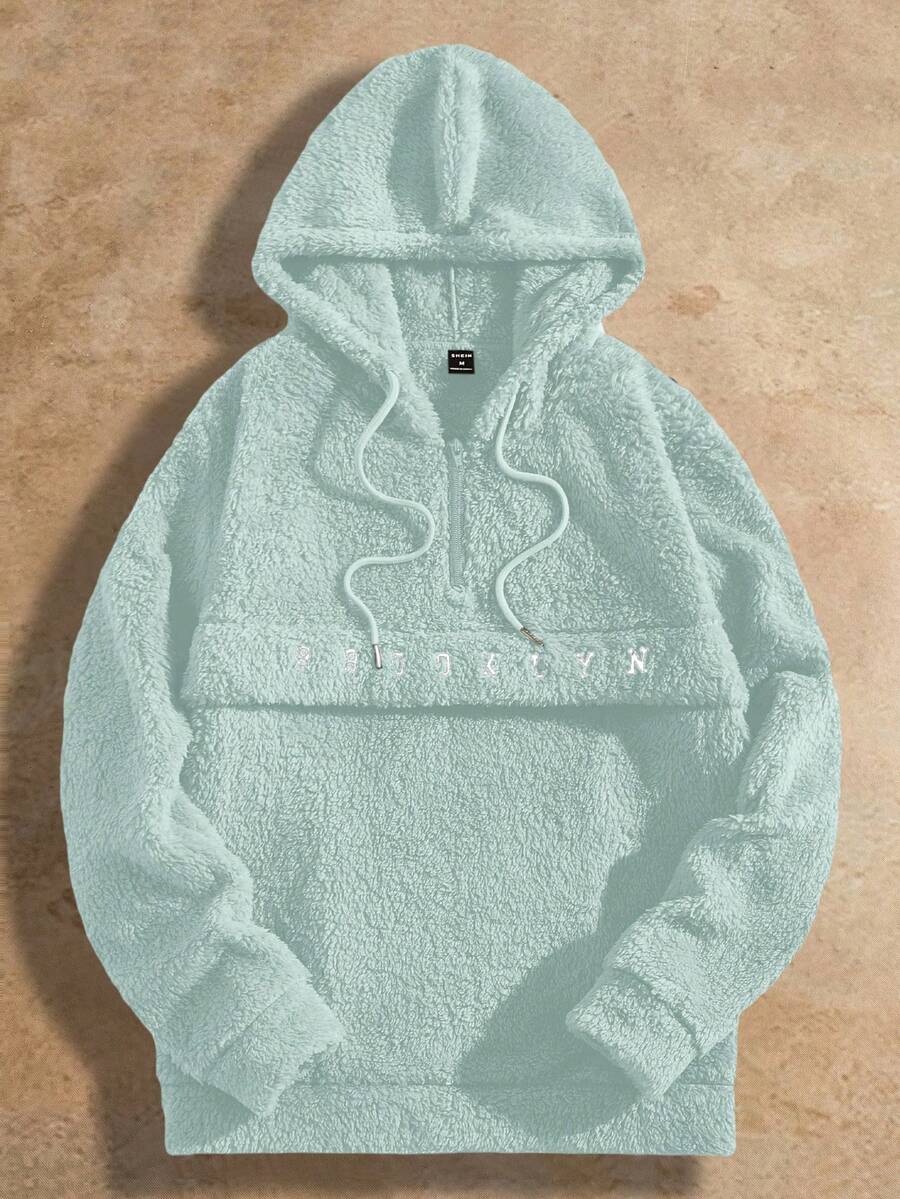 Manfinity NXTstreet 针织休闲抓绒字母刺绣连帽衫,时尚秋冬泰迪熊连帽衫,蓝绿色连帽衫,毯式连帽衫,男士连帽衫 - 藍色 - 查看 1