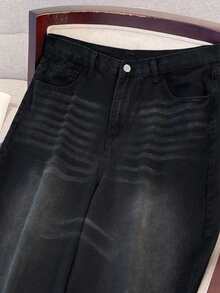 Manfinity Joysei Quần jeans ống rộng màu xanh nhạt bạc màu phong cách đường phố Y2K dành cho nam. - màu đen - Xem 4