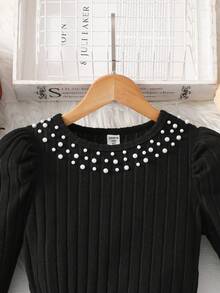 SHEIN 女童优雅复古珍珠装饰泡泡袖针织毛衣 + 皮革 A 字喇叭裙套装 - 黑色 - 查看 5