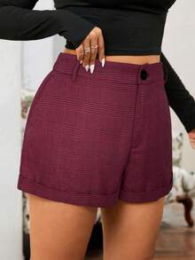 SHEIN EZwear Plus Size Spring Casual Daily Plaid Shorts With Slant Pockets Red Gingham Shorts Red Shorts For Women Burgundy Shorts Red Plaid Shorts Red Checkered Shorts Autumn/Winter,Christmas,New Year,Thanksgiving,Party,Wedding,Beach,Graduati,Chic,Elegant,Casual,Going Out,Date,Appointment,Commute - Burgundy - View 5