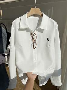 SHEIN EZwear 大码女式马术印花长袖单排扣白衬衫，春夏， - 白色 - 查看 6