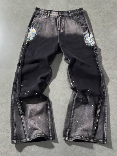 Jeans casuales de pierna ancha con bolsillos y ajuste holgado para hombre