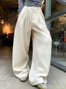 DAZY 女士宽松纯色抽绳腰阔腿裤，休闲街头风，秋冬款 - 杏色 - 查看 3