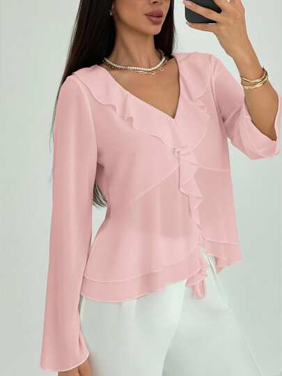 Aloruh بلوزة نسائية جديدة عصرية للتنقل اليومي الكاجوال البوهيمي مزينة بالكشكشة ذات فتحة رقبة عميقة على شكل V وأكمام طويلة ضيقة