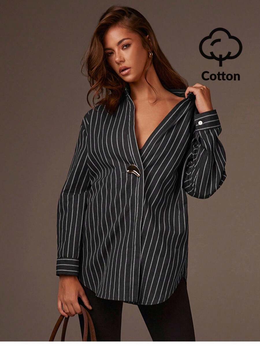 Athîral 女士黑色条纹落肩长袖单扣休闲宽松衬衫，条纹女式上衣，长袖条纹衬衫，商务女士衬衫 - 深灰色 - 查看 1