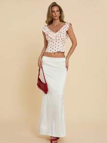 COSMINA 女士优雅荷叶边V领波点衬衫，适合约会、派对等各种场合，四季皆宜，波点上衣，系带上衣，荷叶边上衣，女士上衣，蝴蝶结装饰上衣 - 紅白色 - 查看 3