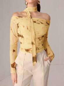 Modelyn Autumn Knitted Sexy Sheer Mesh Ribbon Print T-Shirt Off The Shoulders Top Pale Yellow Top Off The Shoulder Long Sleeve Yellow Top Women Butter Yellow Top - Yellow - View 4