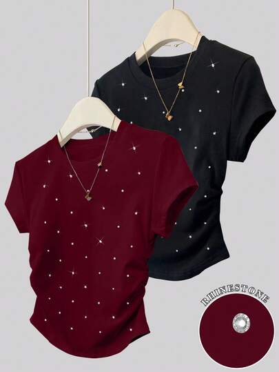 Resyla Hàng mới về mùa hè, Áo khoác ngoài đa năng thường ngày, Thiết kế đồ họa đính đá, Áo phông ôm sát nữ, Mặc thoải mái, Thích hợp mặc hàng ngày, ngoài trời, mua sắm, hẹn hò