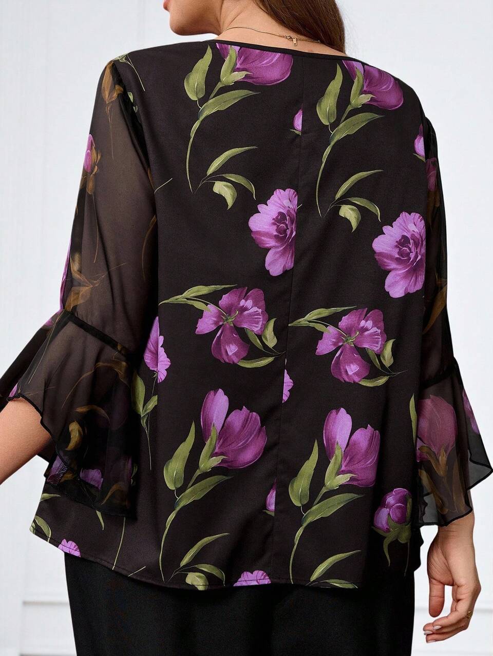 Plus Size Women Floral Print Mesh Flare Sleeve Fashion Blouse Autumn Women Clothes Teacher Shirts Evening Formal Black Elegant Fall