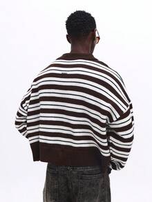 SUMWON Relaxed Fit Quarter Zip Striped Knitted Polo Sweater With Long Sleeves And Ribbed Collar For Casual Fall Winter Wear - Brown - View 2